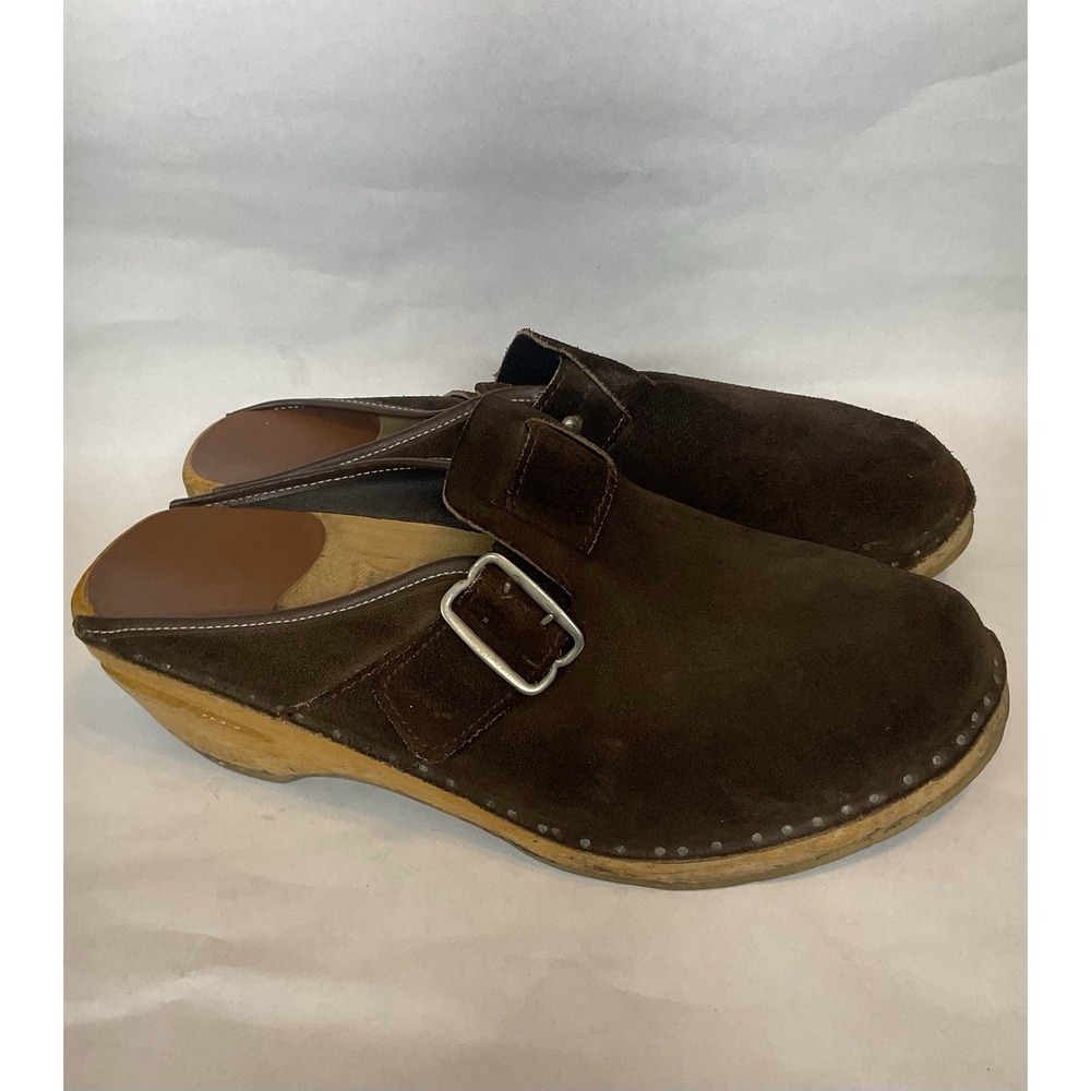 Vintage BASTAD Swedish Wooden Clogs Men's 12,5 Brown Suede Buckle Sandals EU 46
